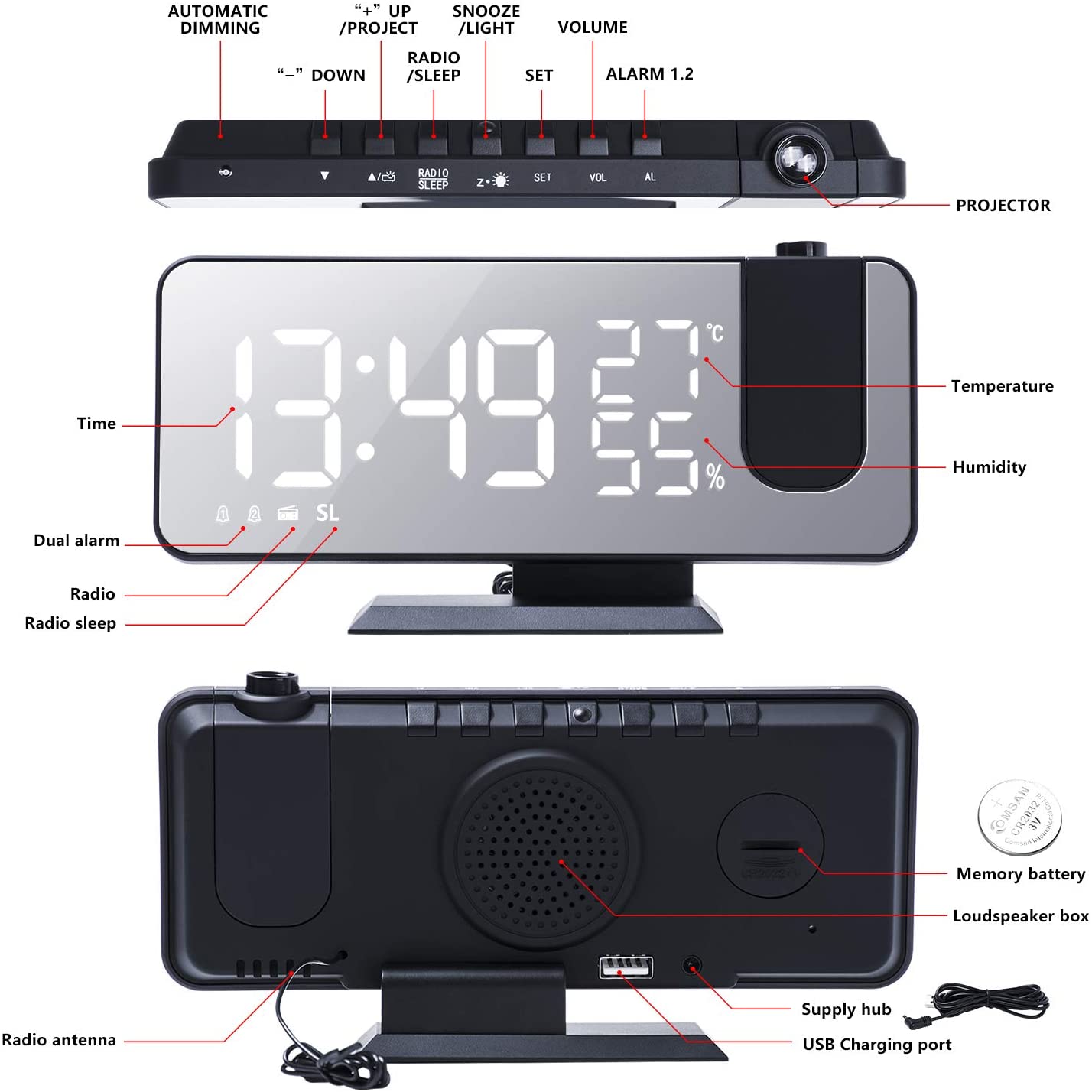 LED Projection Digital Alarm Clock Phone Charger - Comfortable home equipment