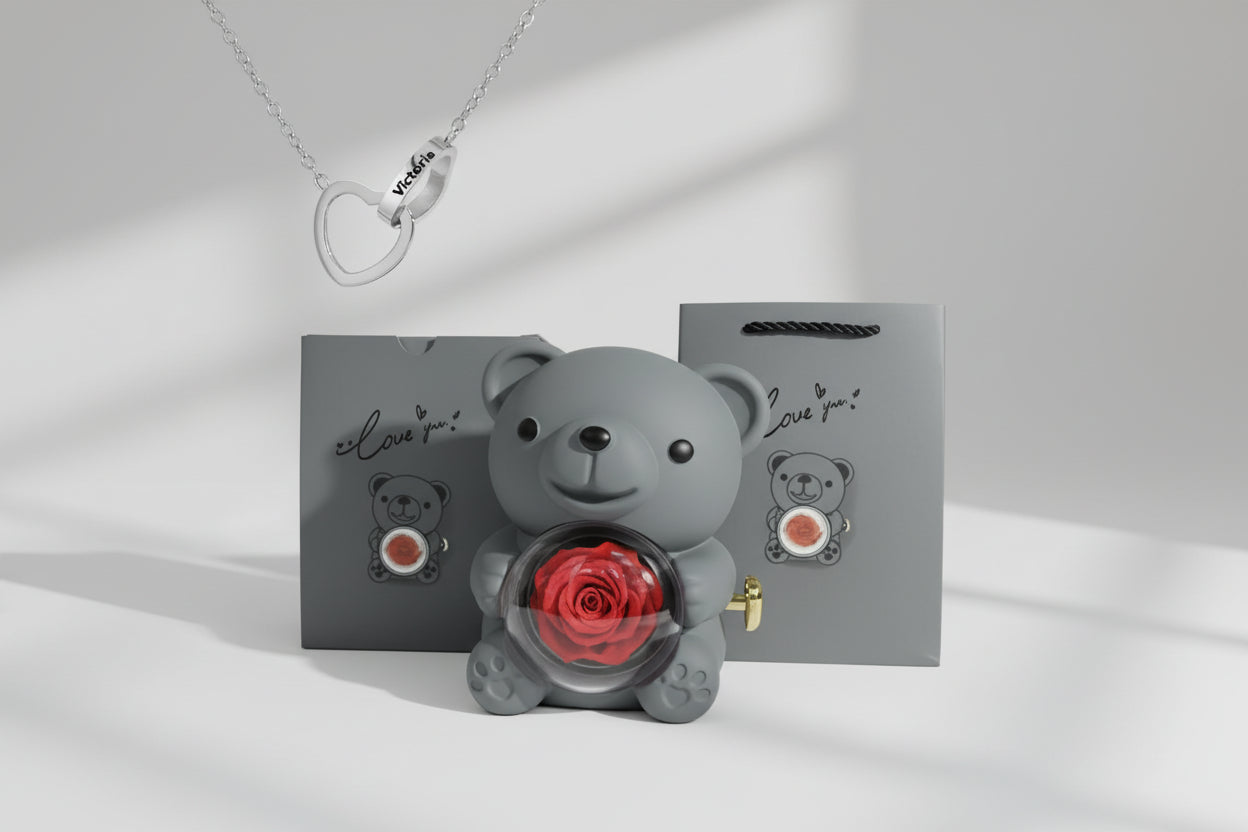 NNEOBA Eternal Rose Teddy Bear Gift Box with Necklace (Gray Silver) - Comfortable home equipment