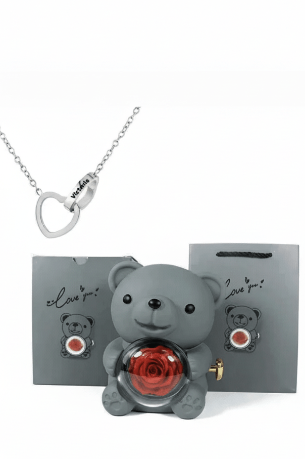 NNEOBA Eternal Rose Teddy Bear Gift Box with Necklace (Gray Silver) - Comfortable home equipment